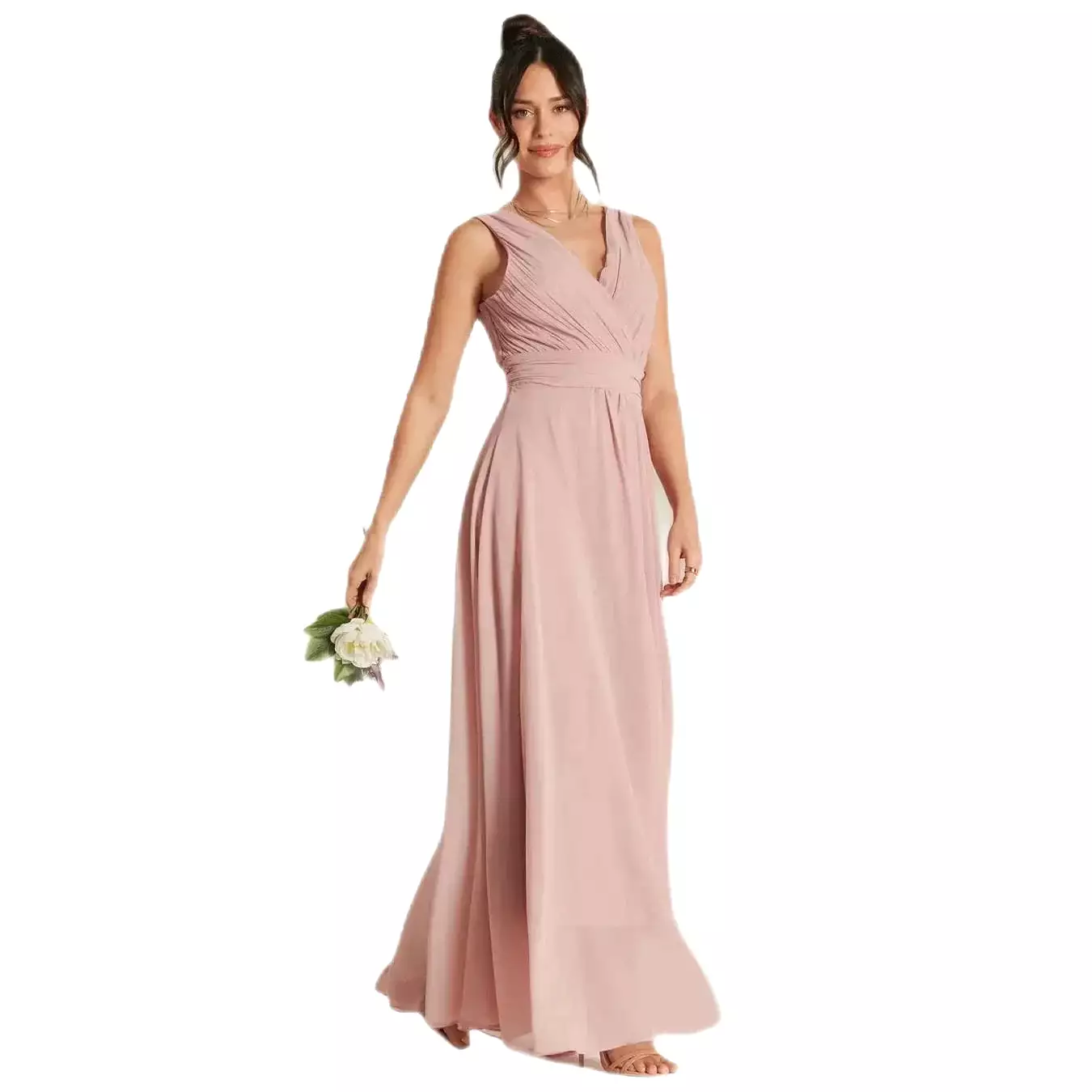 Jolie Moi Blush Pink V-Neck Pleated Bodice Maxi Dress