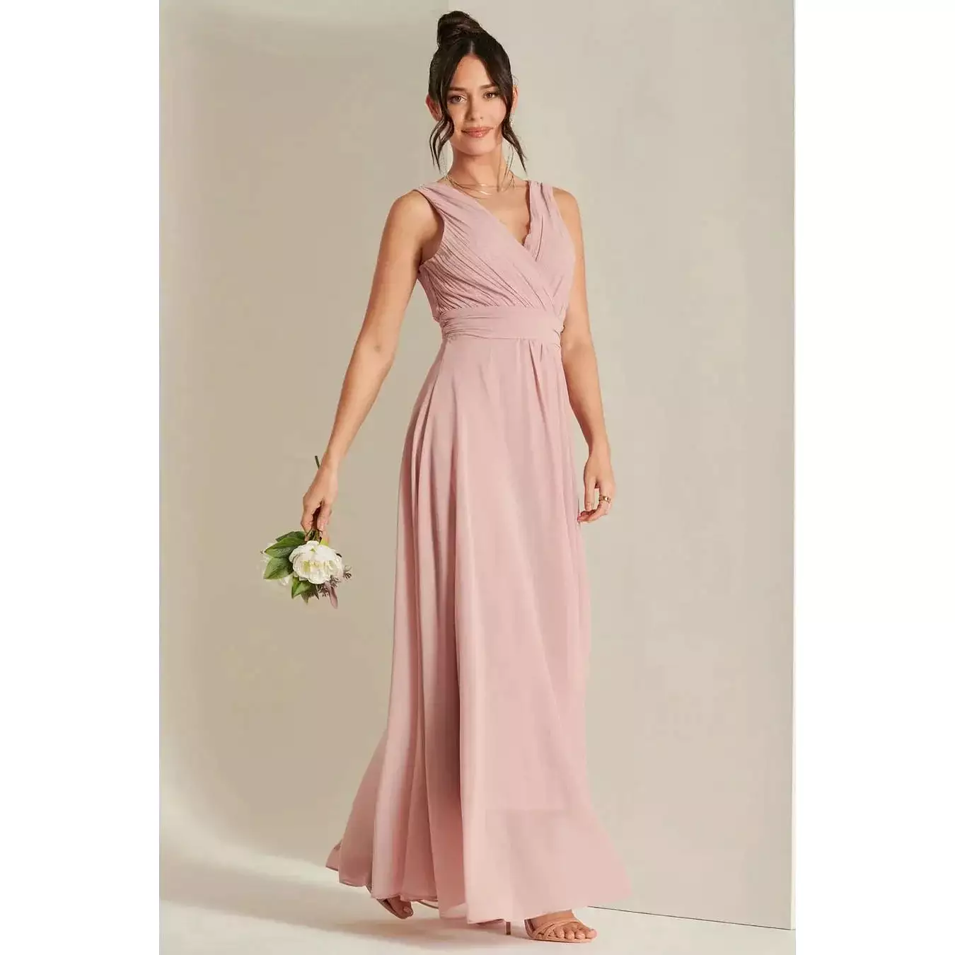 Jolie Moi Blush Pink V-Neck Pleated Bodice Maxi Dress