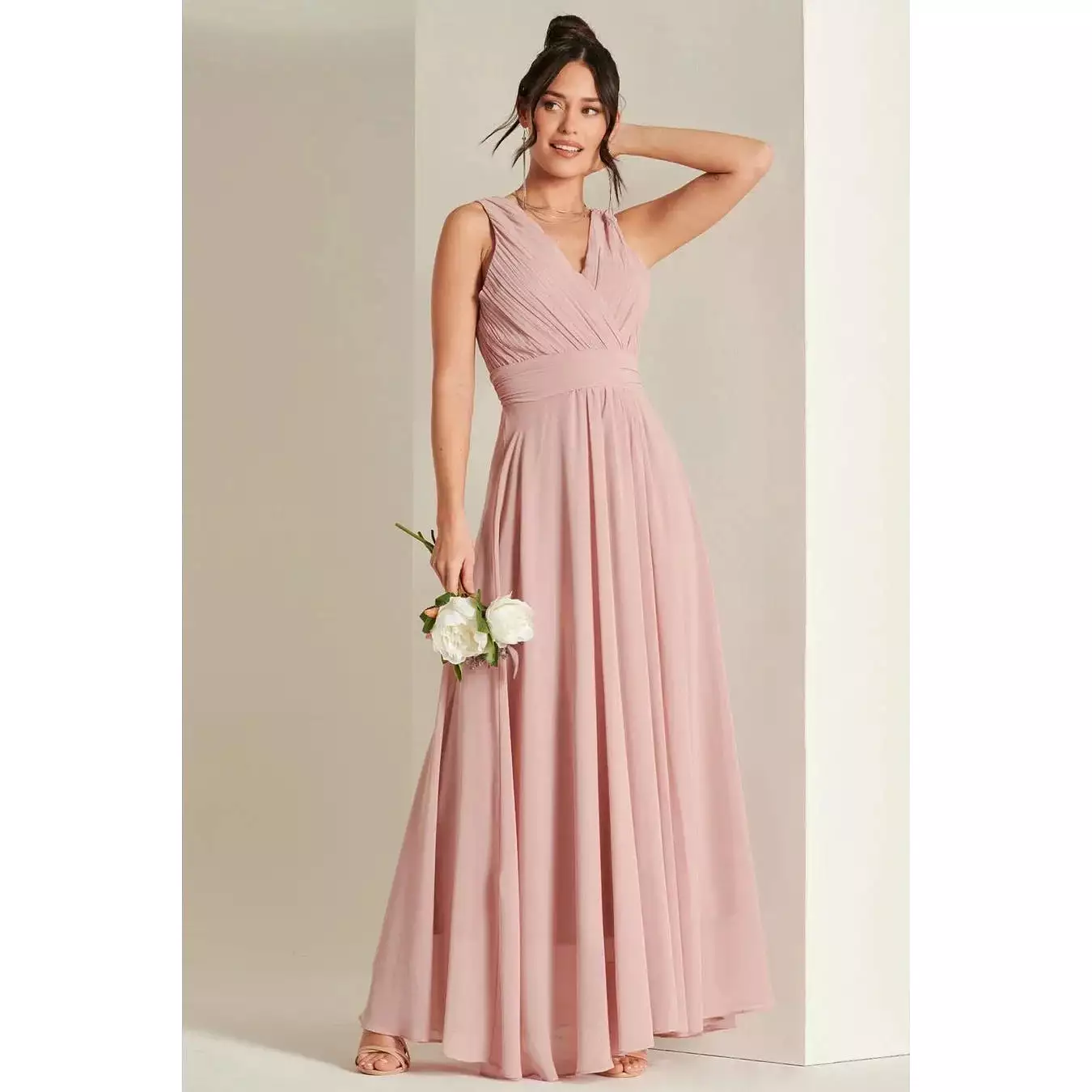 Jolie Moi Blush Pink V-Neck Pleated Bodice Maxi Dress