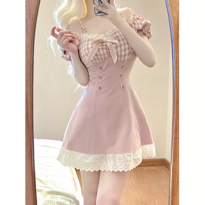 Kawaii Pink Dreamy Checkered Top Lace Dress ON932