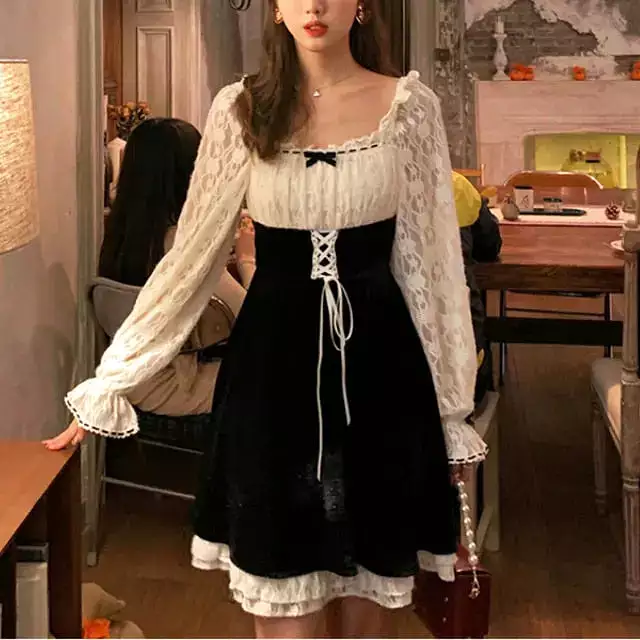 Korean Vintage Kawaii Lace Slim Elegant Retro Black Fairy Dress MK16699