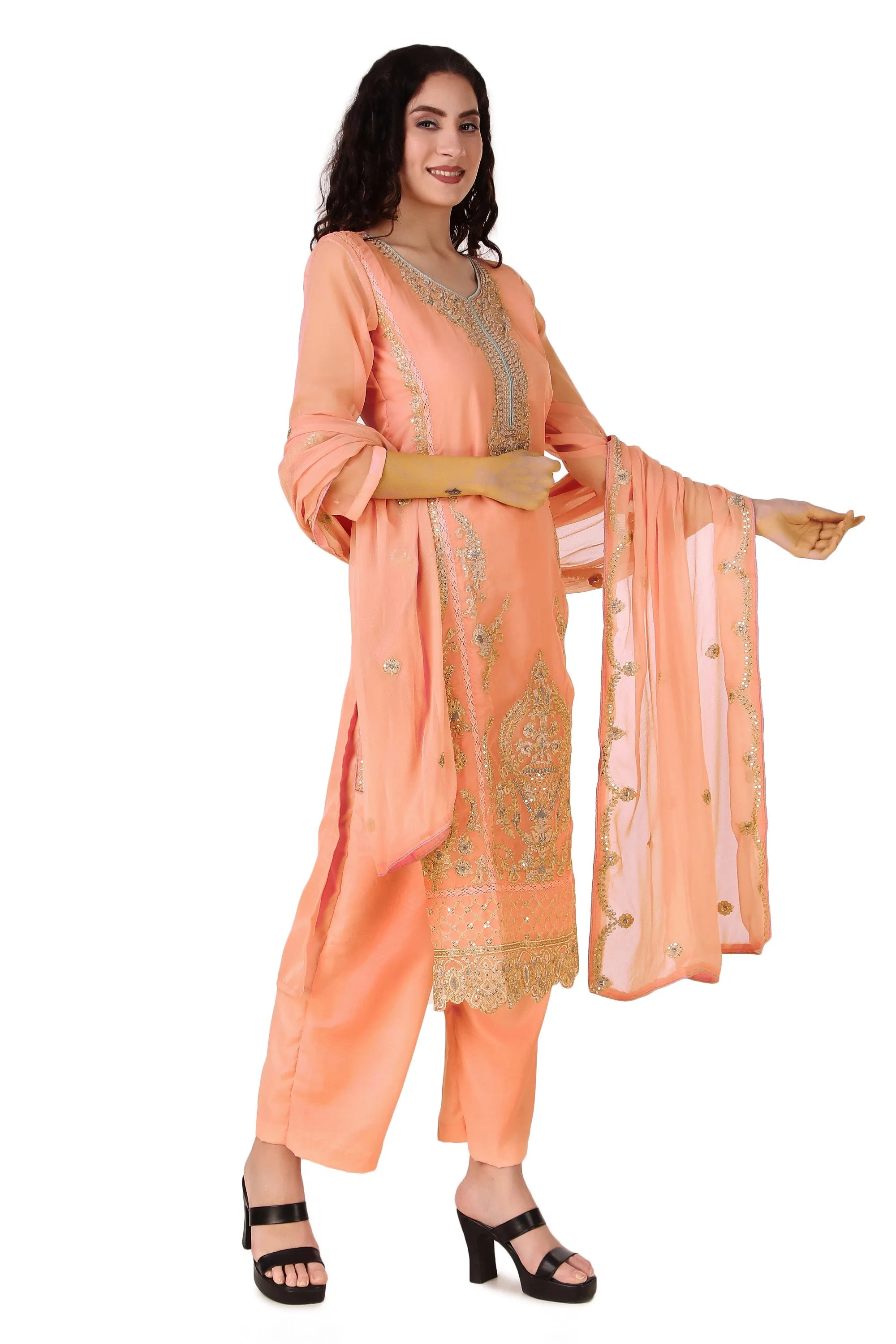 Ladyline Formal Georgette Chikankari Embroidered Salwar Kameez Kurta with Pants Set for Women