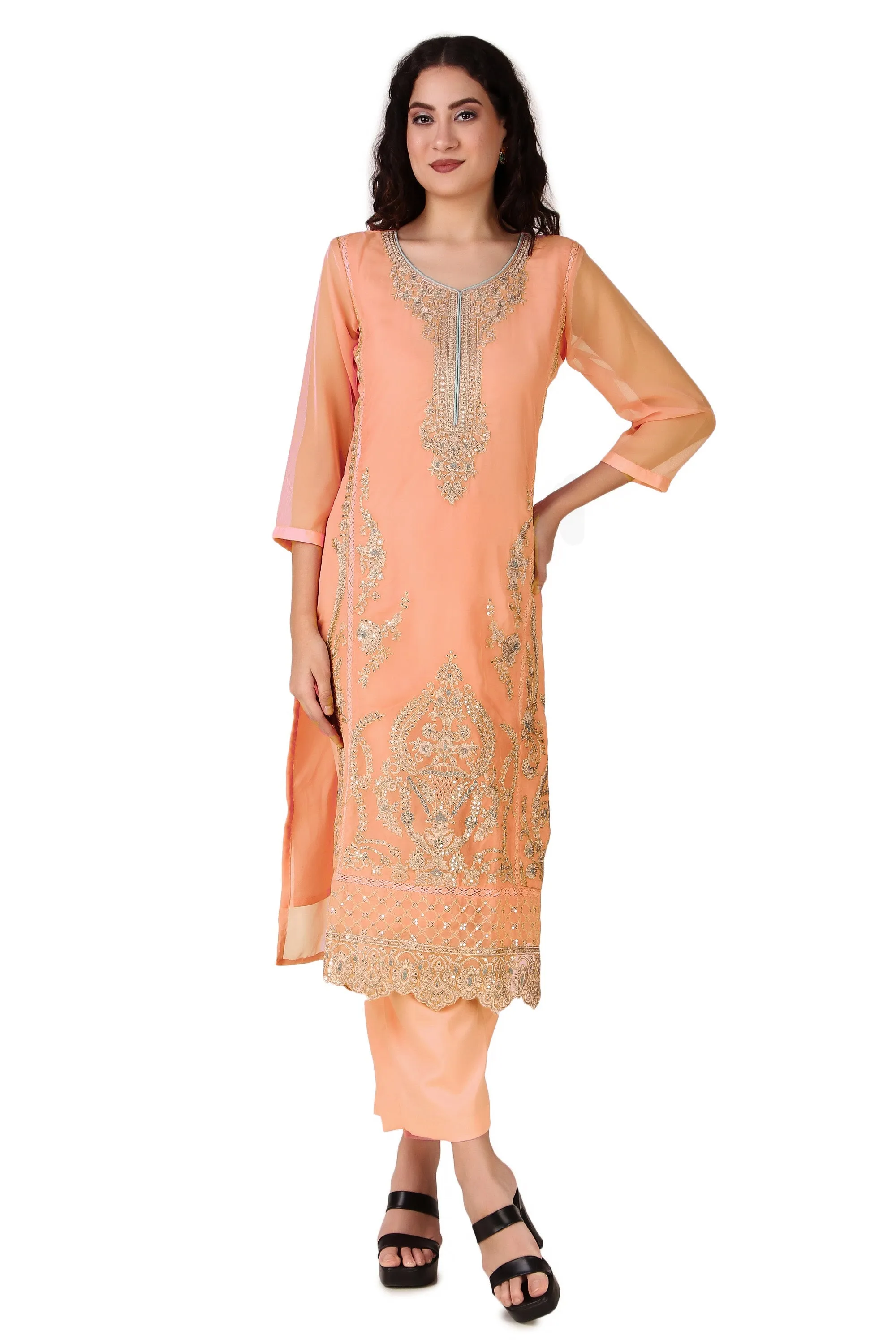 Ladyline Formal Georgette Chikankari Embroidered Salwar Kameez Kurta with Pants Set for Women