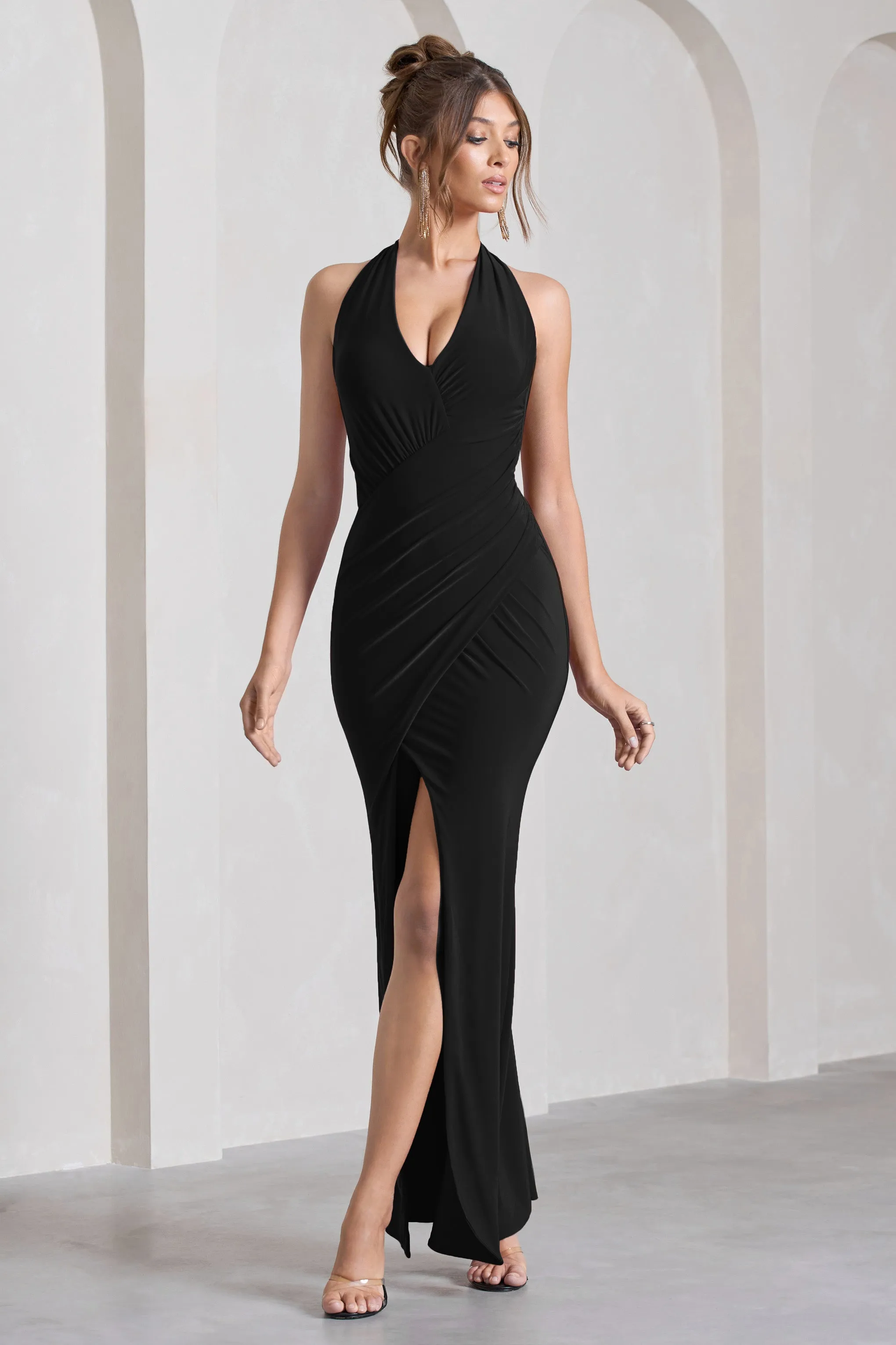 Leonie | Black Halter-Neck Split Maxi Dress With Wrap Detail