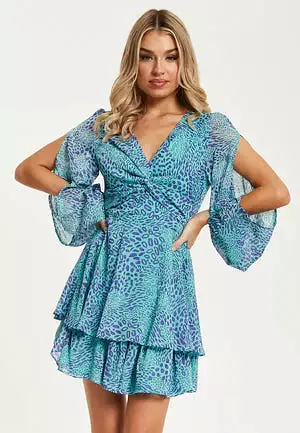 Liquorish Blue V-neck Leopard Print Knot Front Mini Dress