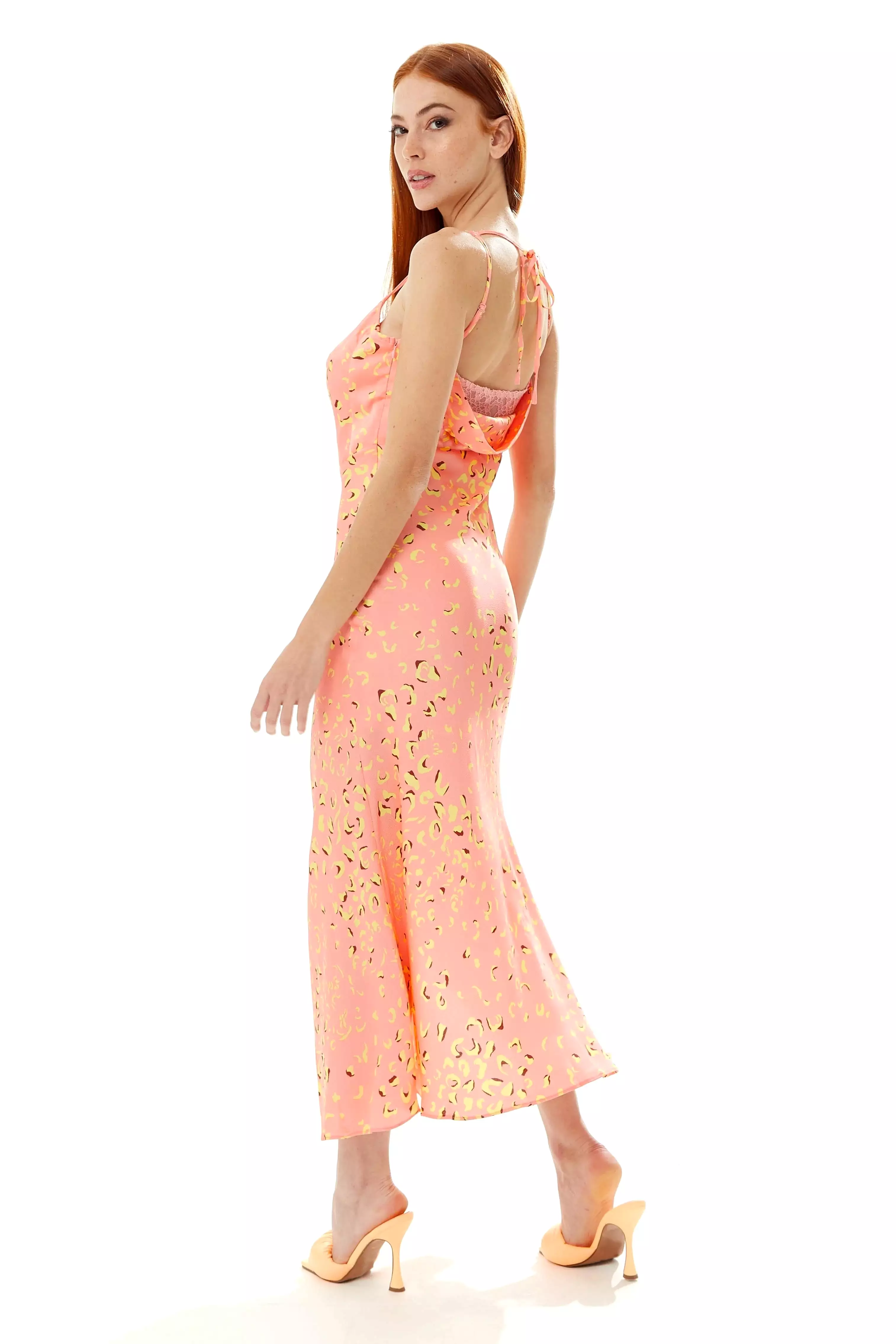 Liquorish Cowl Neck Abstract Animal Print Dress In Peach