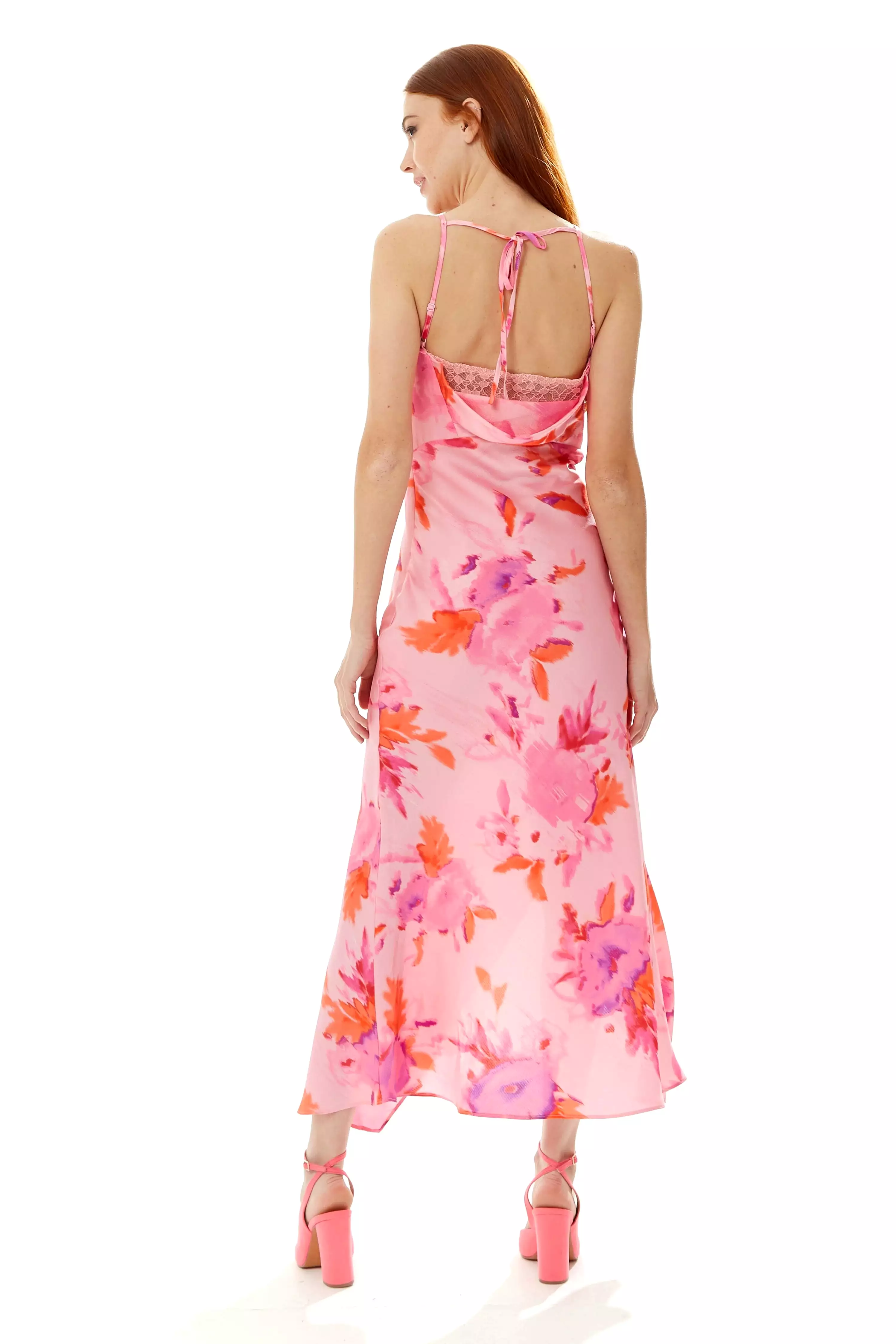 Liquorish Cowl Neck Maxi Floral Print Dress In Pink