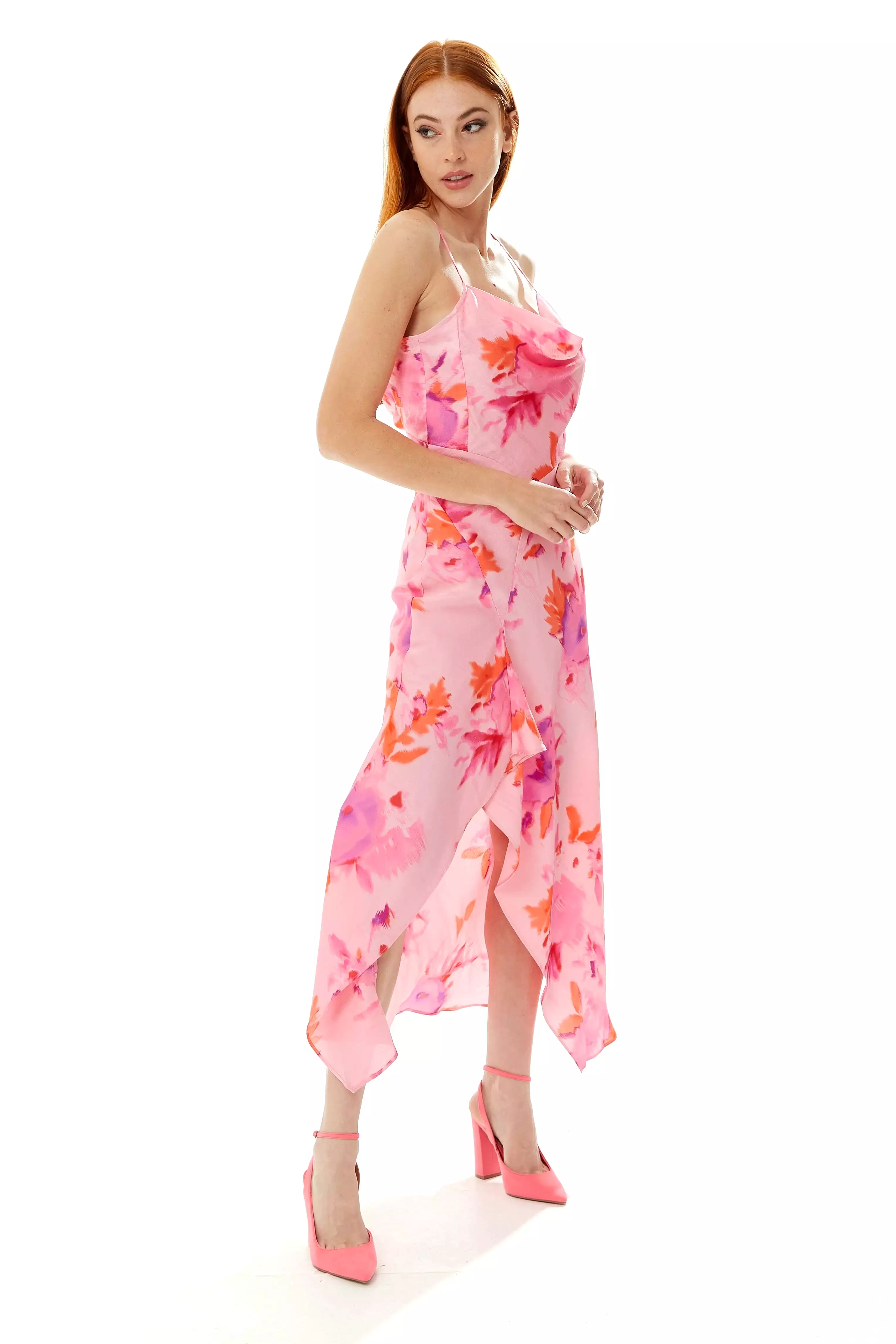 Liquorish Cowl Neck Maxi Floral Print Dress In Pink