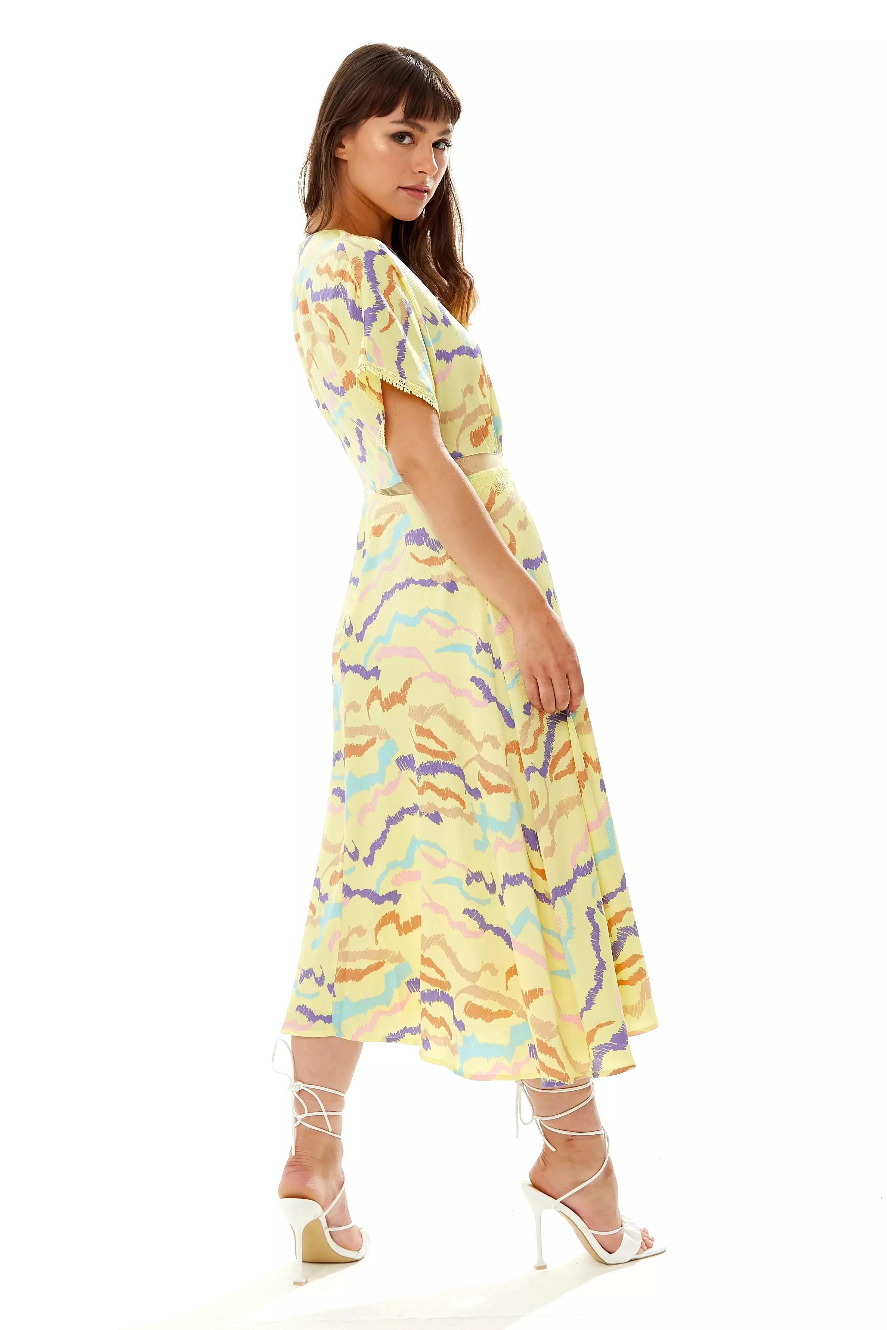 Liquorish Midi Abstract Zebra Print Dress With Mesh Yellow