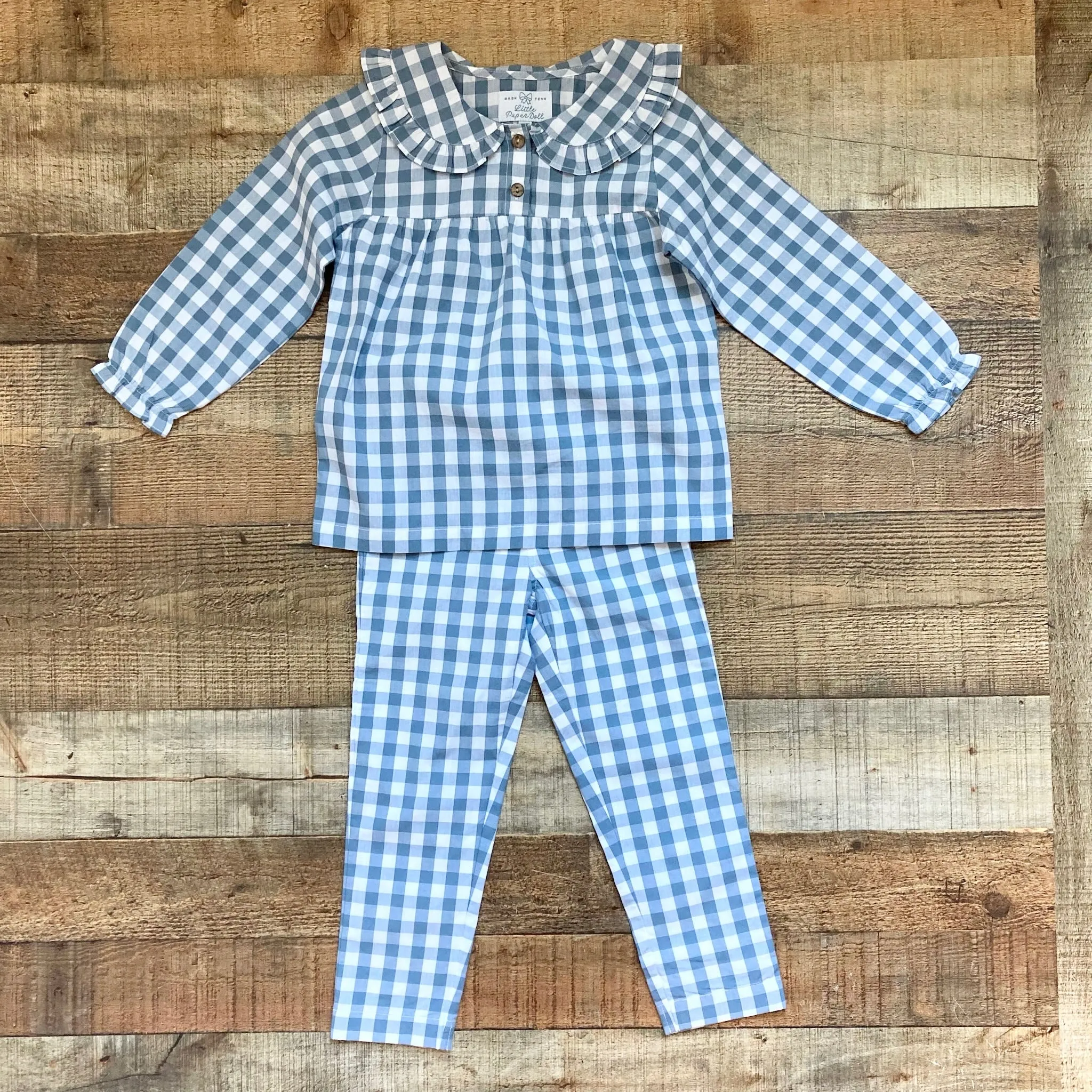 Little Paper Doll Slate/White Checkered Ruffle Collar Top and Pants Set- Size 4T (sold as a set)