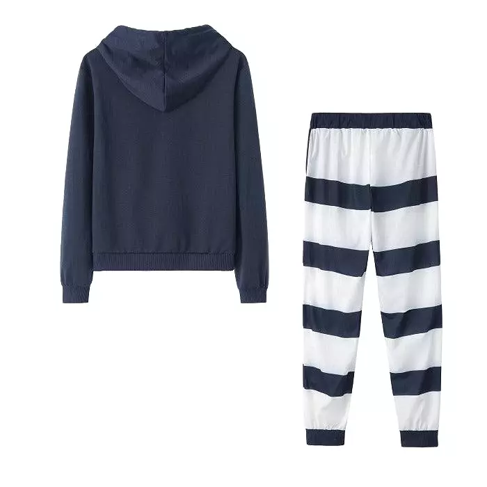 Long Sleeved Sweater Striped Pants Sports Running Two Piece Set