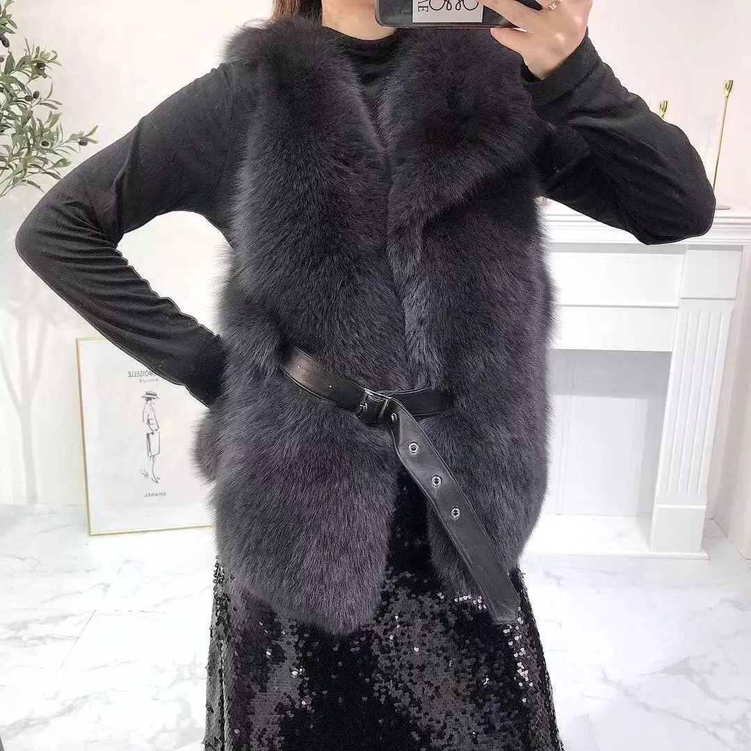 Luxury Soft Fox Fur Gilet With Leather Belt