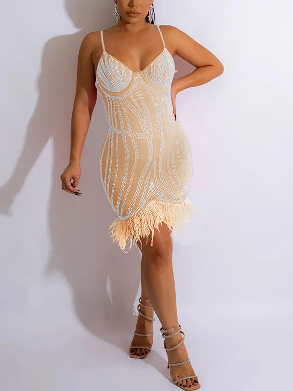 Momnfancy Sparkly Diamond Rhinestone Feather Cami V-neck Fashion Party Club Maternity Photoshoot Baby Shower Mini Dress