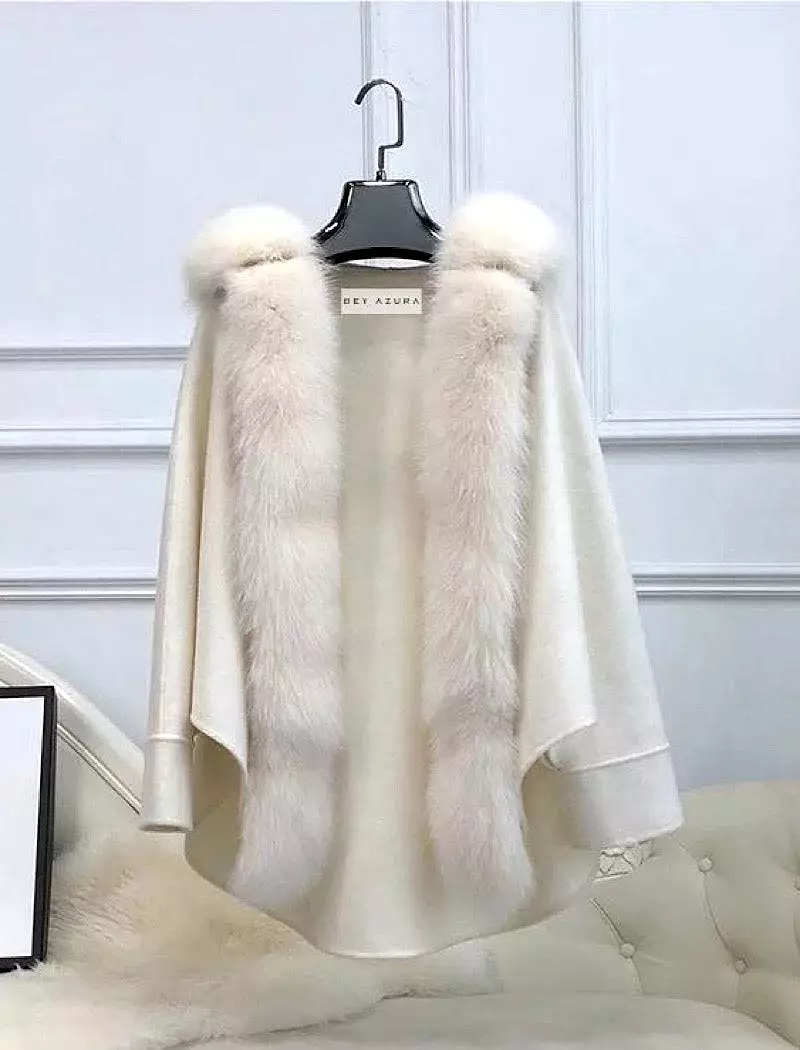 Oversized Australian Wool Fox Fur Trim Poncho sun White