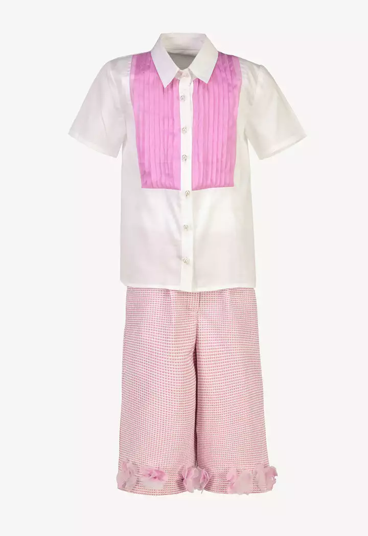 Pearl Pleated Organza Floral Textured Blouse And Pants Set