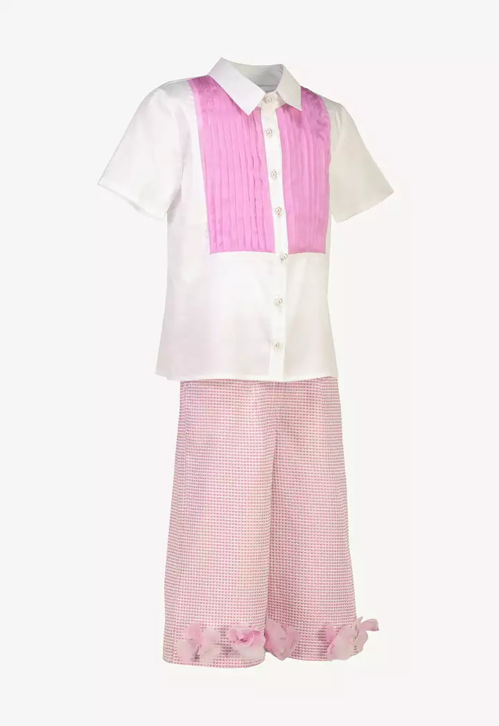 Pearl Pleated Organza Floral Textured Blouse And Pants Set