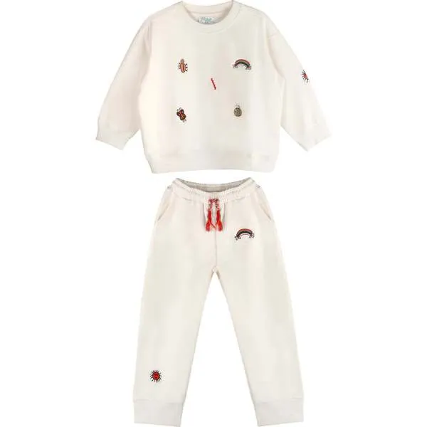 Piglo Kids Fun Embroidered Sweatshirt & Drawstring Pants 2-Piece Set, White