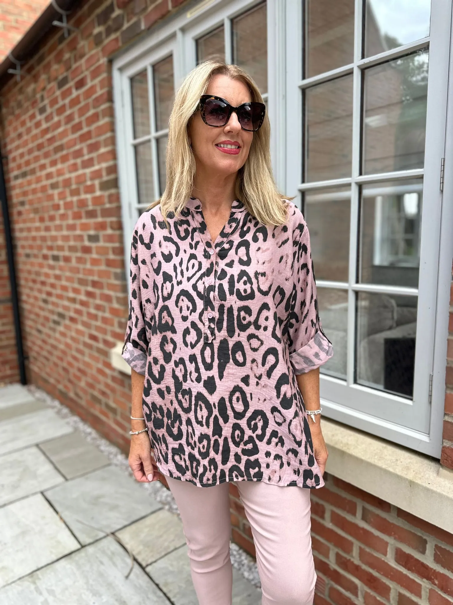 Pink Leopard Print Textured Button Detail Blouse Fran