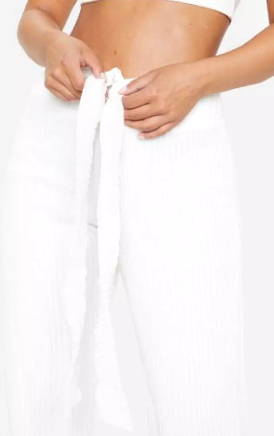 PLT White Tie Waist Pleated Chiffon Wide Leg Trouser