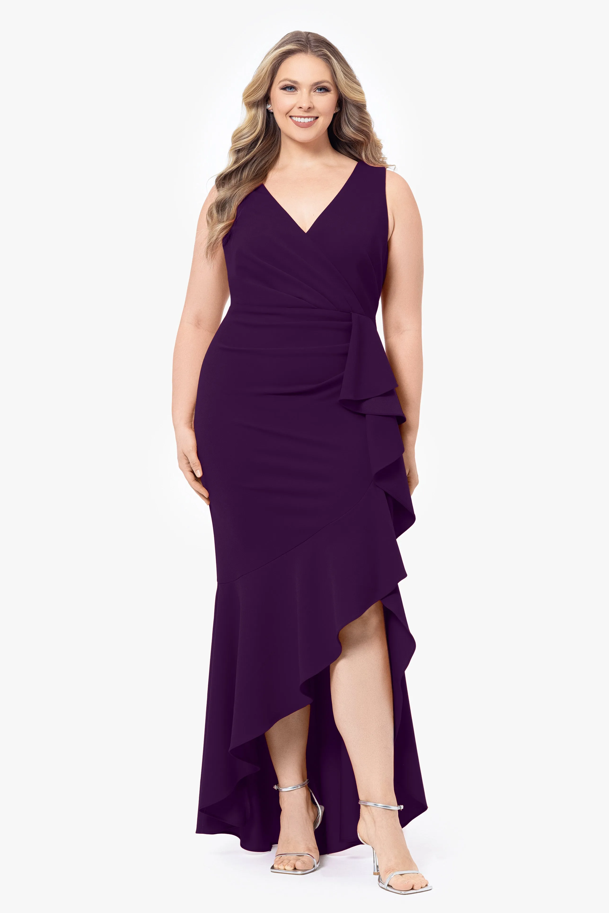 Plus Candace Long V- Neck Hi Low Cascade Dress