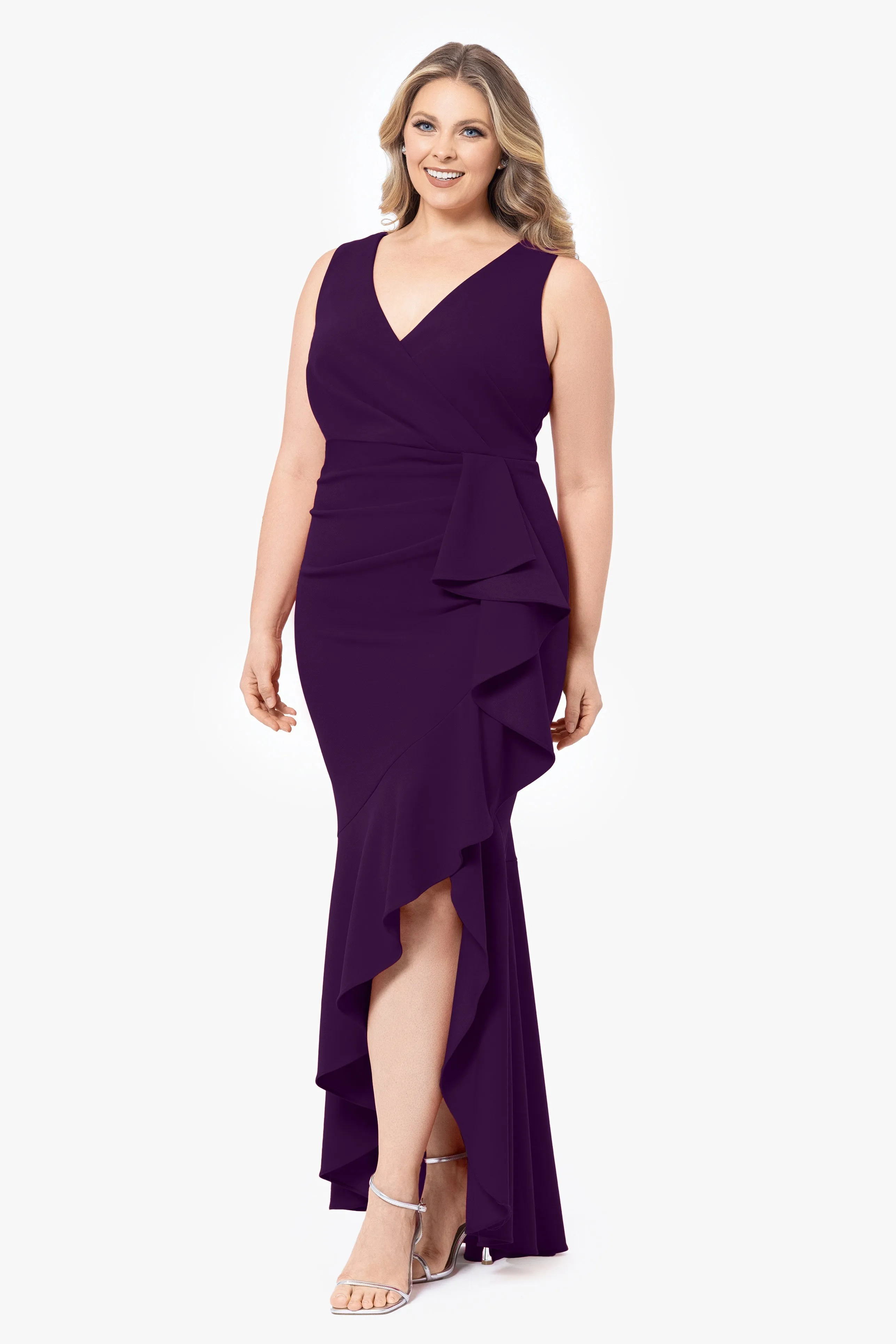 Plus Candace Long V- Neck Hi Low Cascade Dress