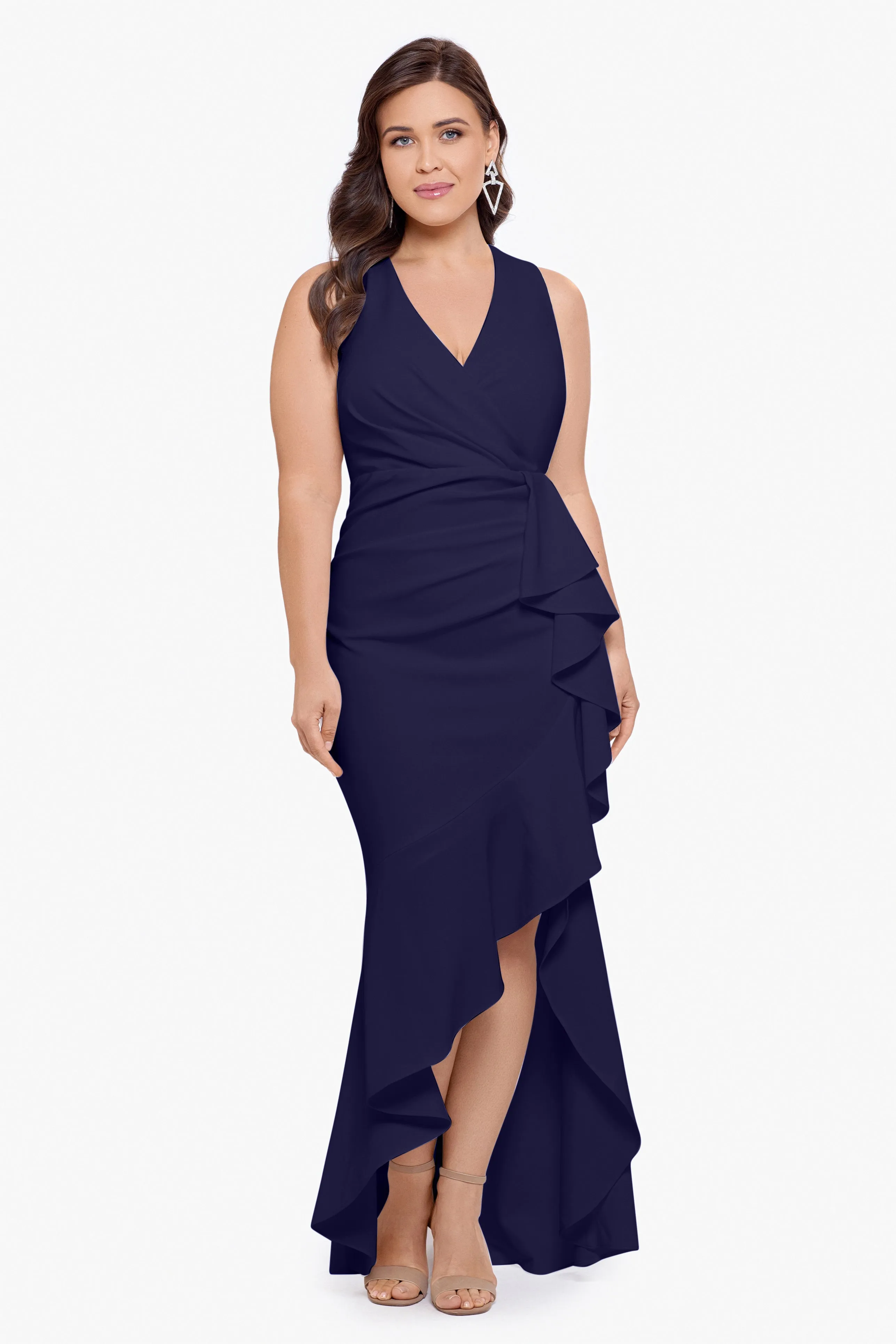 Plus Candace Long V- Neck Hi Low Cascade Dress