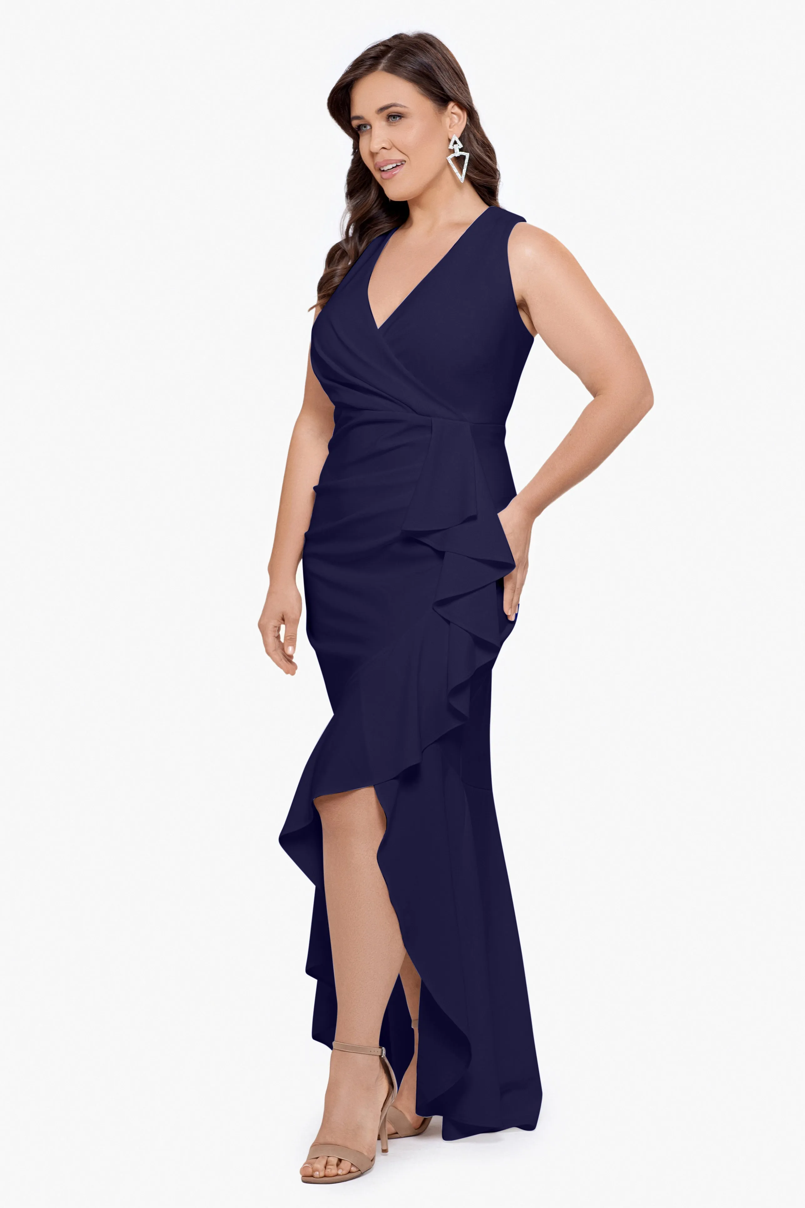 Plus Candace Long V- Neck Hi Low Cascade Dress