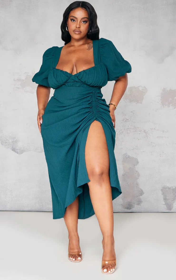 Plus Emerald Green Puff Sleeve Split Midi Dress