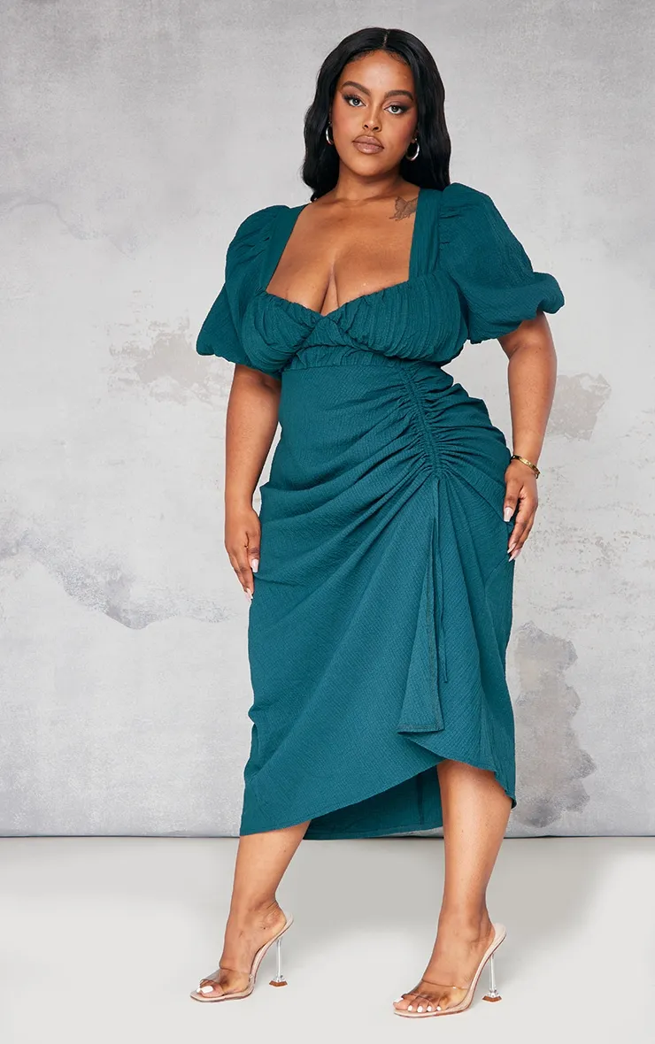 Plus Emerald Green Puff Sleeve Split Midi Dress