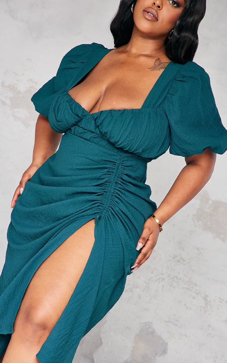 Plus Emerald Green Puff Sleeve Split Midi Dress