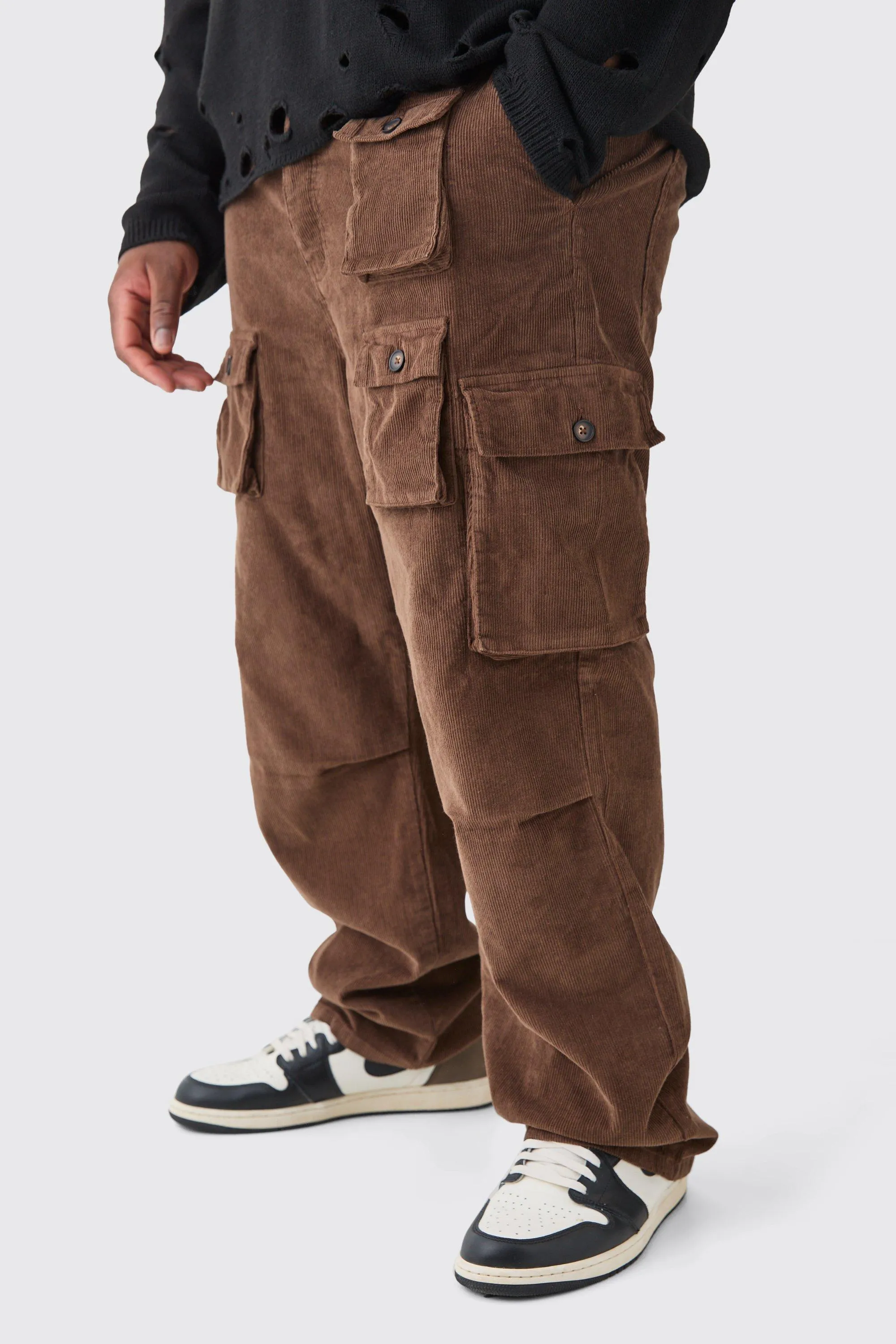 Plus Fixed Waist Cord Relaxed Leg Cargo Trouser | boohooMAN UK