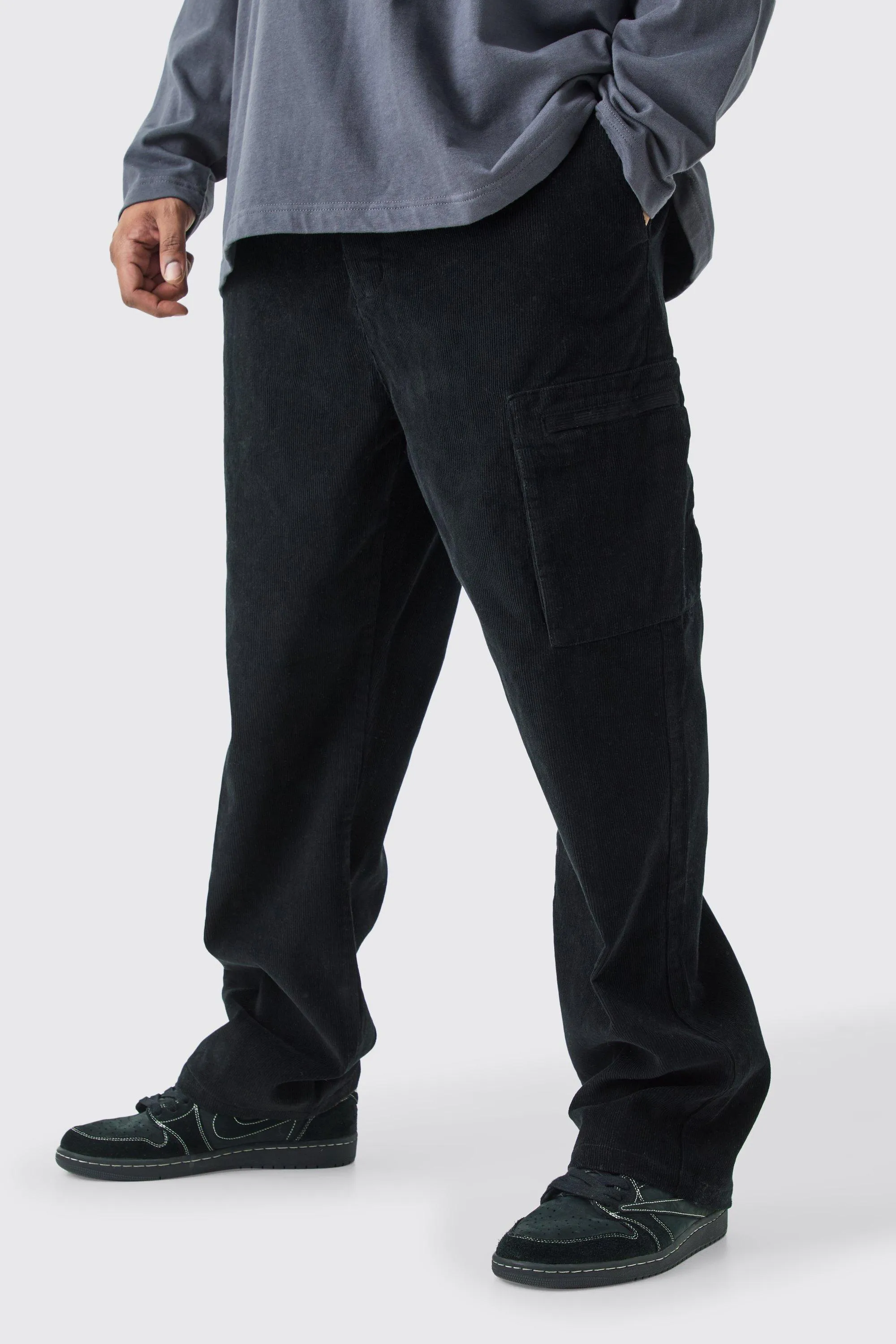 Plus Fixed Waist Cord Straight Leg Cargo Trouser | boohooMAN UK