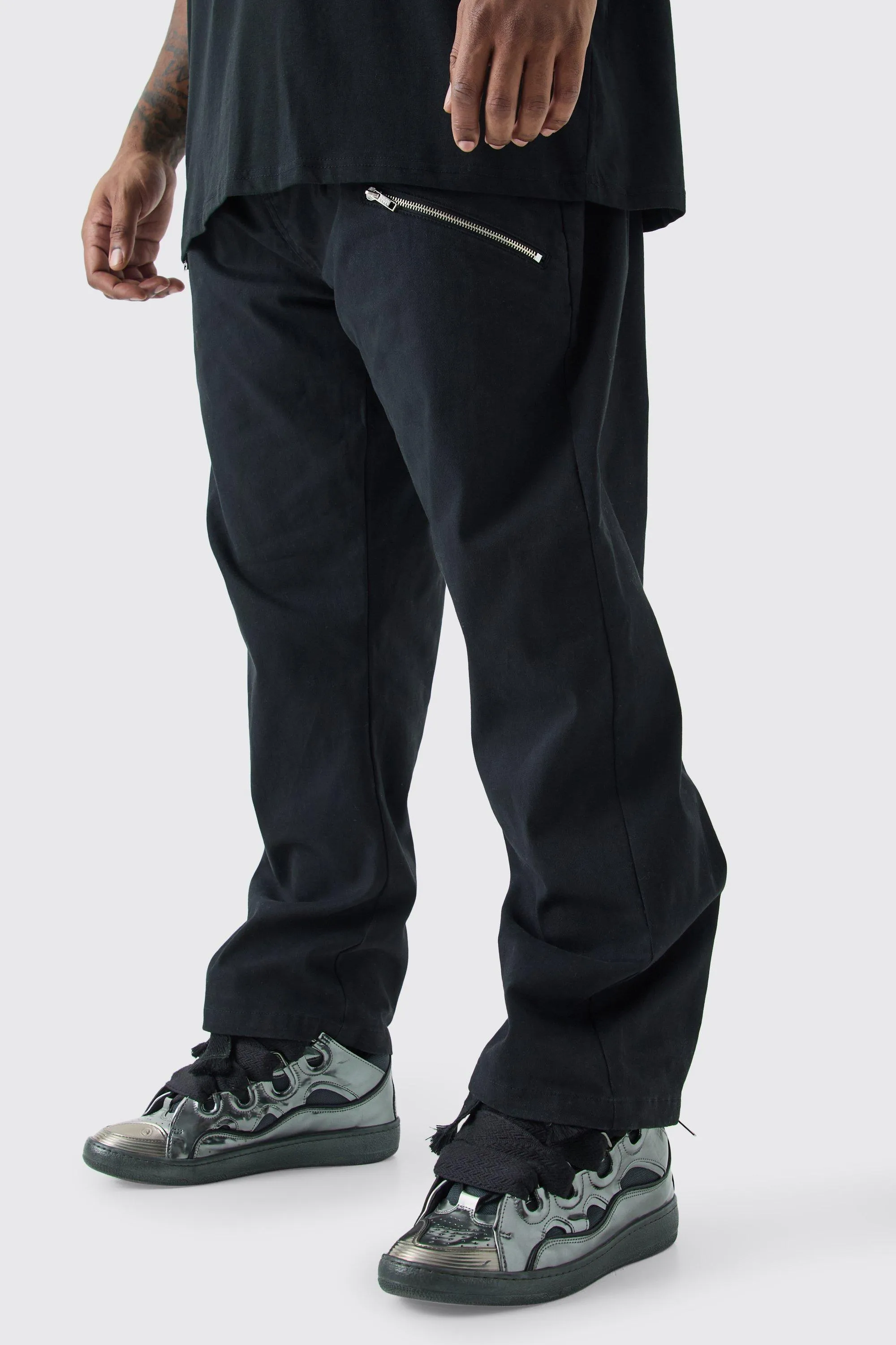 Plus Fixed Waist Straight Leg Twill Zip Gusset Trouser | boohooMAN UK