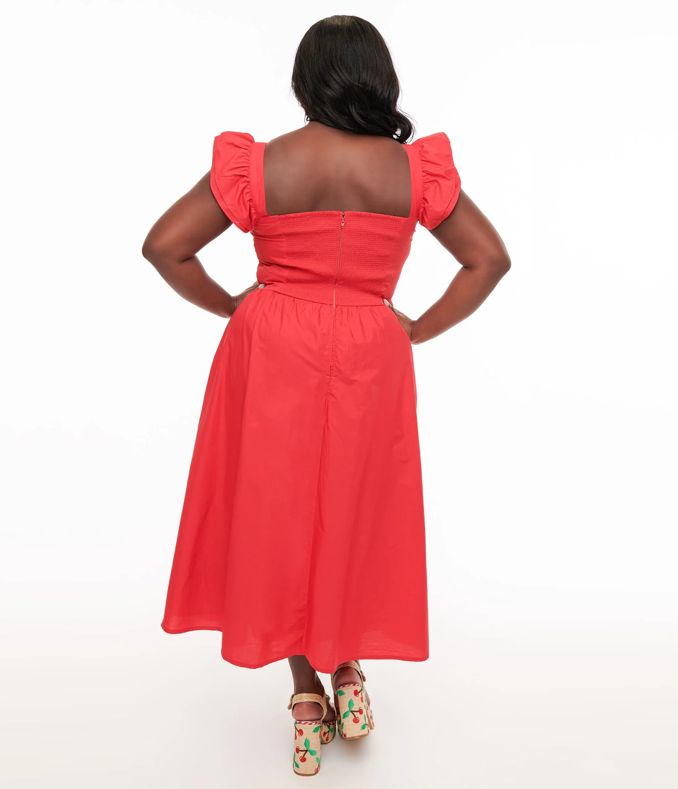 Plus Size 1930s Red Flutter Sleeve Poplin Midi Dress