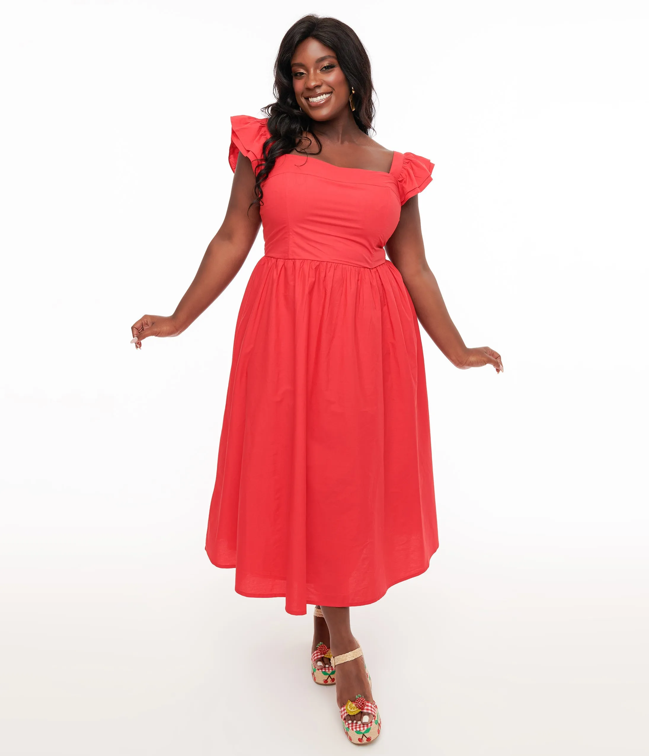 Plus Size 1930s Red Flutter Sleeve Poplin Midi Dress