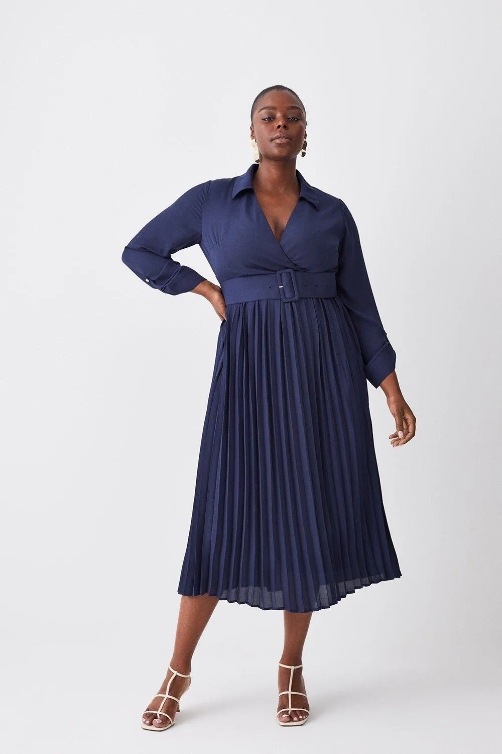 Plus Size Collared Georgette Pleated Belted Midi Dress | Karen Millen