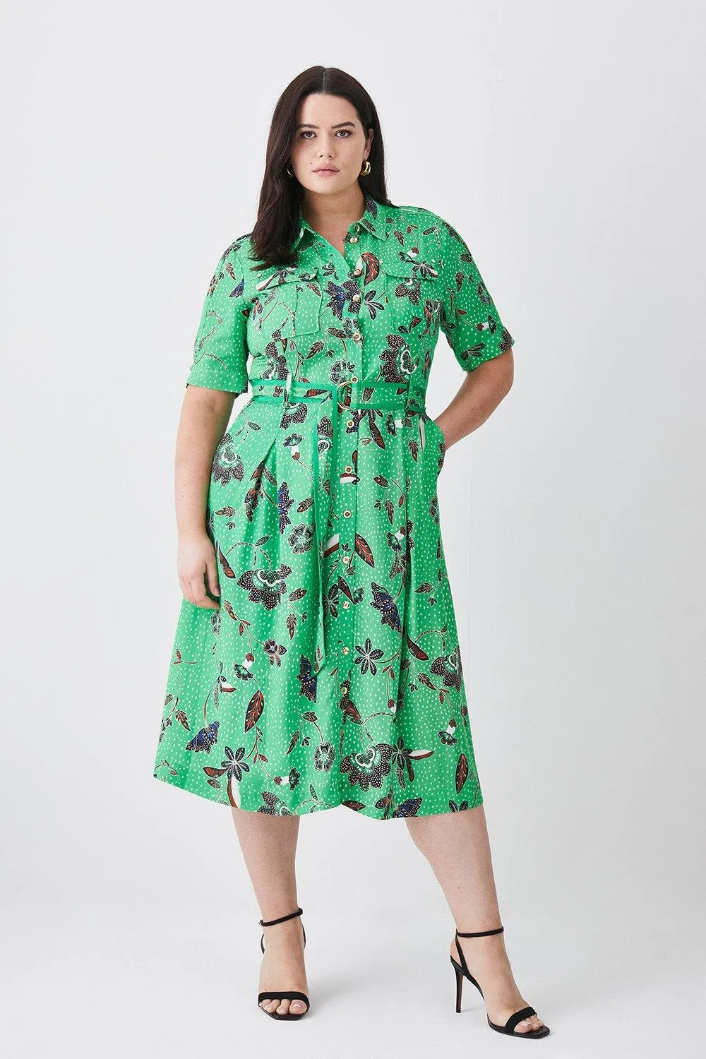 Plus Size Floral Batik Premium Linen Woven Shirt Dress | Karen Millen