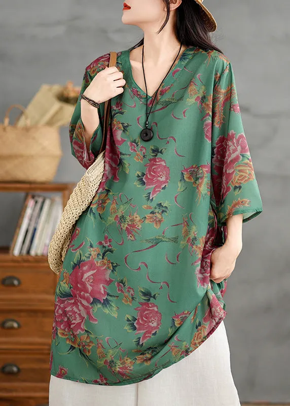 Plus Size Green V Neck Print Cotton Mid Dress Summer