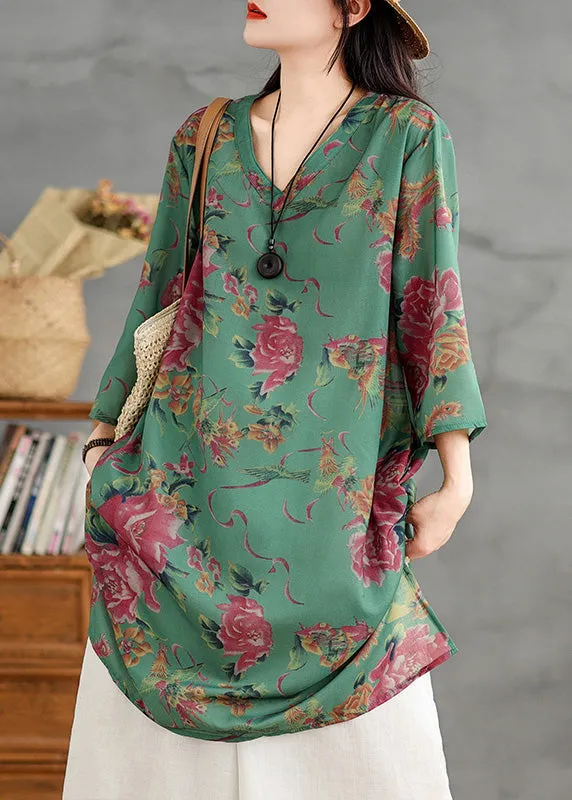 Plus Size Green V Neck Print Cotton Mid Dress Summer