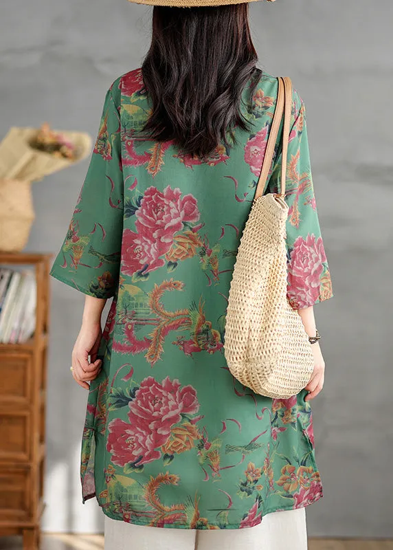 Plus Size Green V Neck Print Cotton Mid Dress Summer