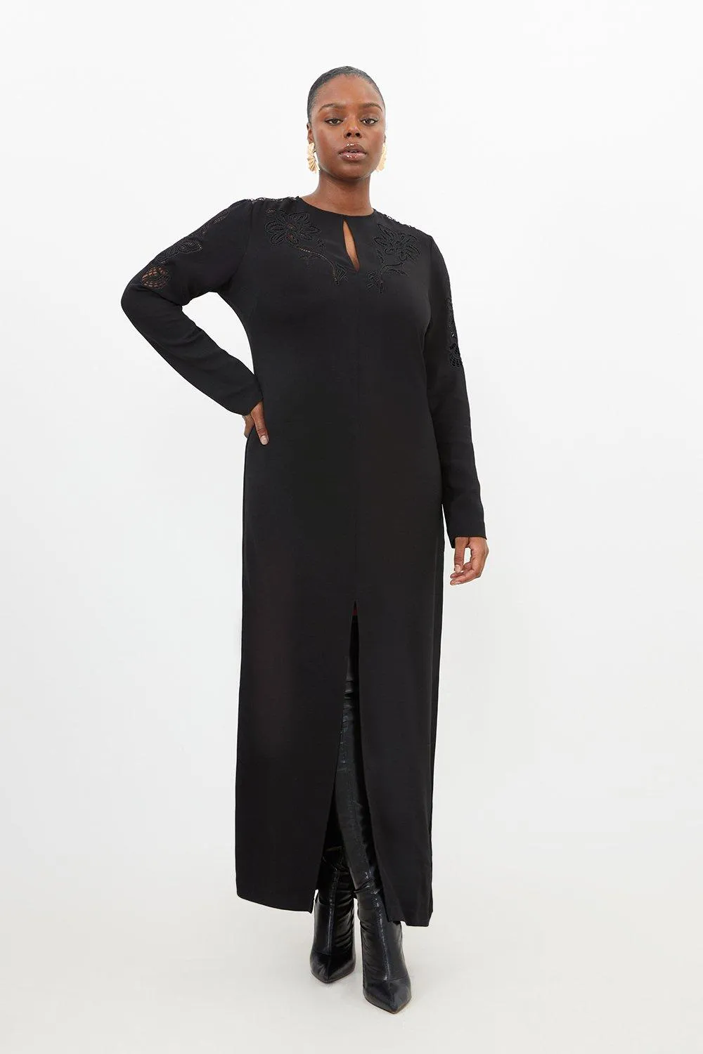 Plus Size Premium Cady Cutwork Woven Long Sleeve Maxi Dress | Karen Millen