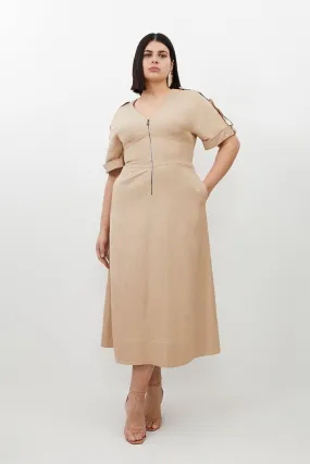 Plus Size Premium Linen Twill Woven Short Sleeve Midi Dress | Karen Millen