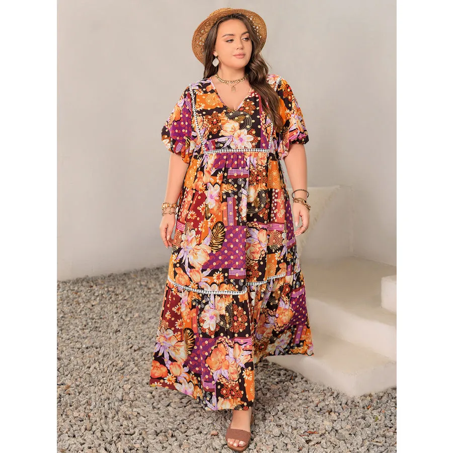 Plus Size Printed V-Neck Half Sleeve Maxi Dress