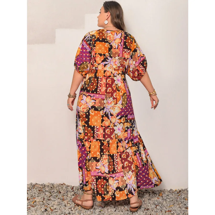 Plus Size Printed V-Neck Half Sleeve Maxi Dress