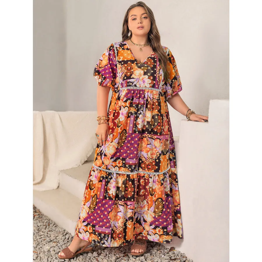 Plus Size Printed V-Neck Half Sleeve Maxi Dress