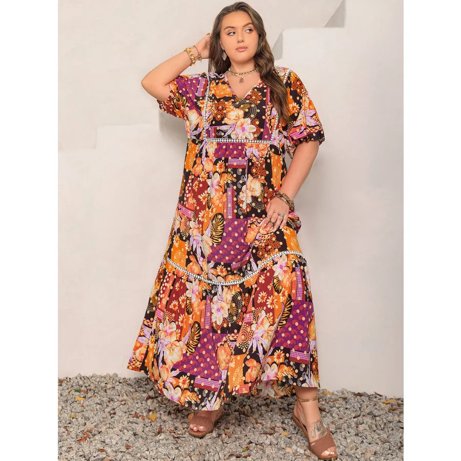 Plus Size Printed V-Neck Half Sleeve Maxi Dress