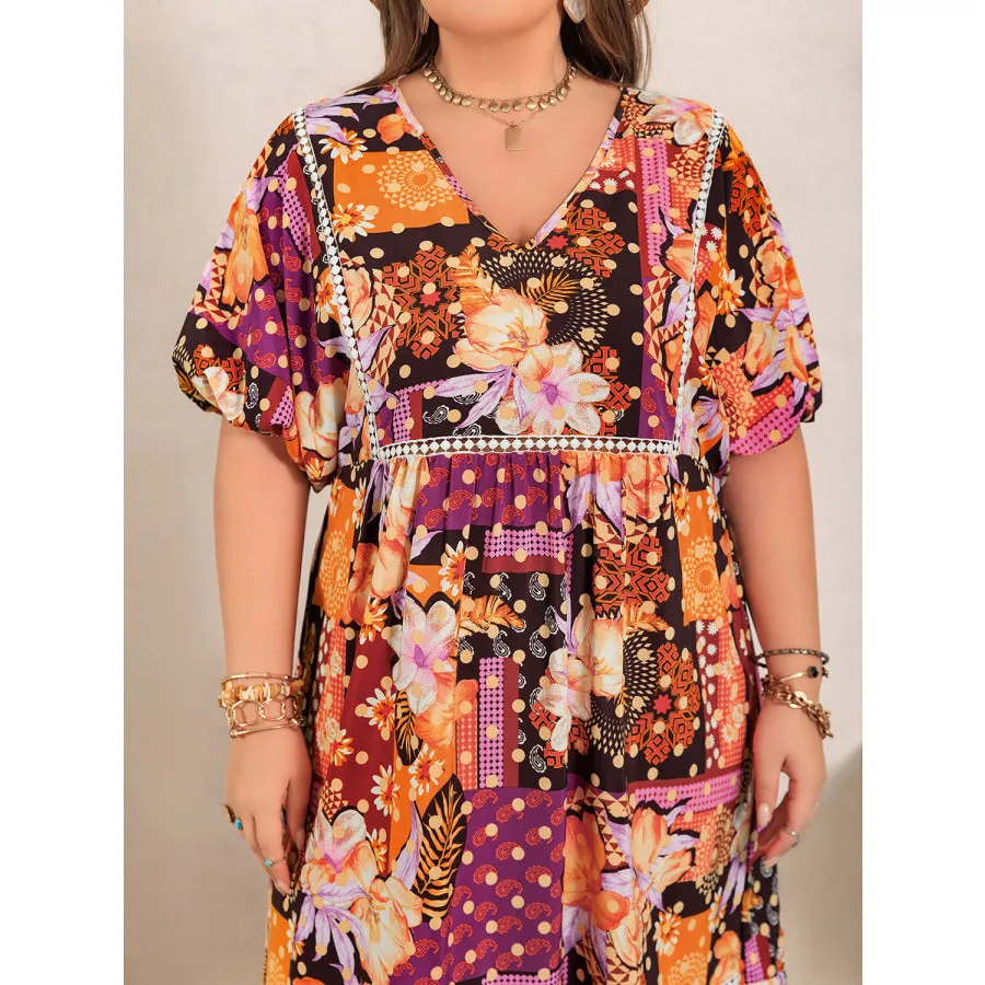 Plus Size Printed V-Neck Half Sleeve Maxi Dress