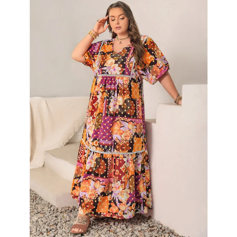 Plus Size Printed V-Neck Half Sleeve Maxi Dress