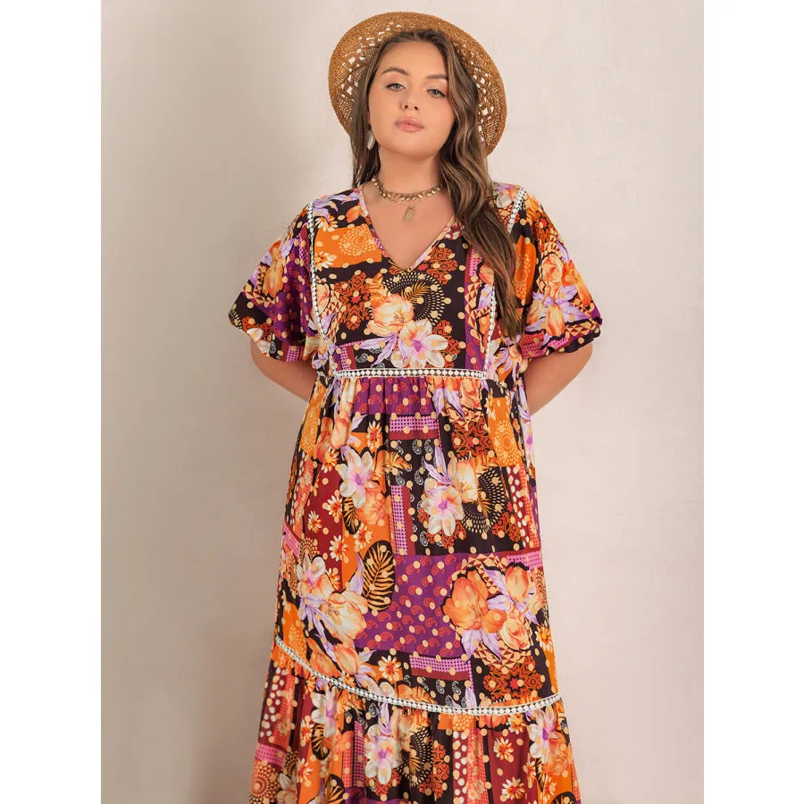 Plus Size Printed V-Neck Half Sleeve Maxi Dress