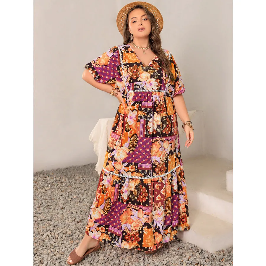 Plus Size Printed V-Neck Half Sleeve Maxi Dress